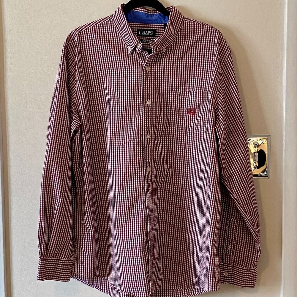 Chaps Men's XL Stretch Easy Care Long Sleeve Button down Shirt Red White Check